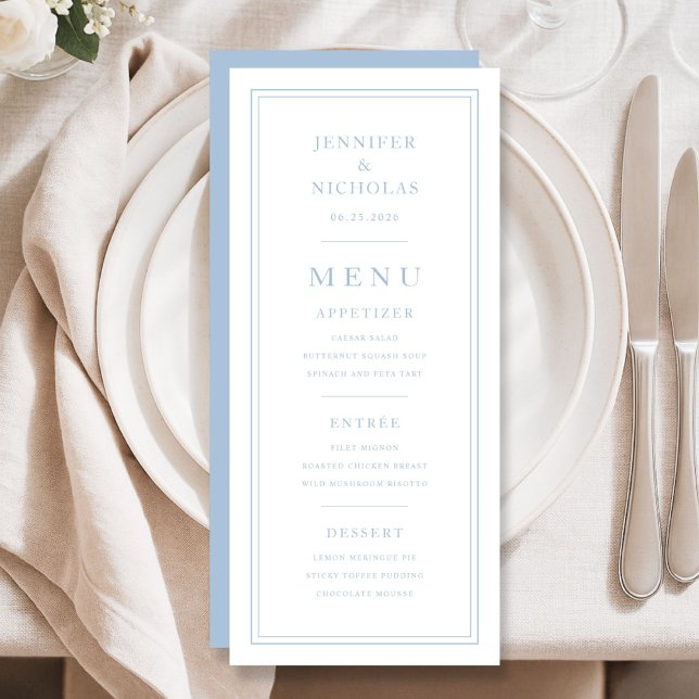 Elegant Minimal Powder Blue Wedding Menükarte (Elegant Minimal Powder Blue Wedding Menu)
