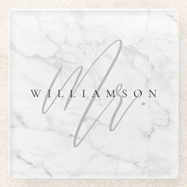 Elegant Minimal White Marble Mr. Script Custom Glasuntersetzer (Vorderseite)