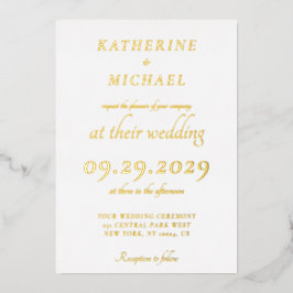 Elegant Minimal White Wedding Gold Folieneinladung