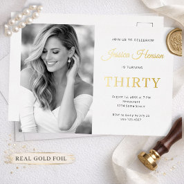 Elegant Minimalist 30th Birthday Photo Party Gold Folieneinladung
