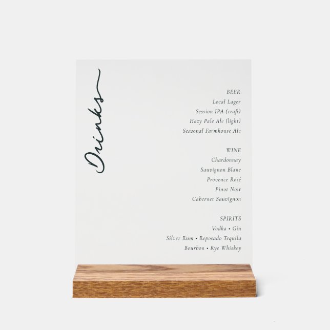 Elegant Minimalist Beverage Menu Acrylschild (Vorderseite)