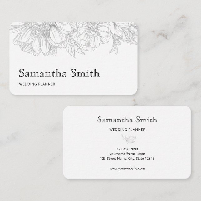 Elegant Minimalist Black Floral Line on White  Visitenkarte (Vorne/Hinten)