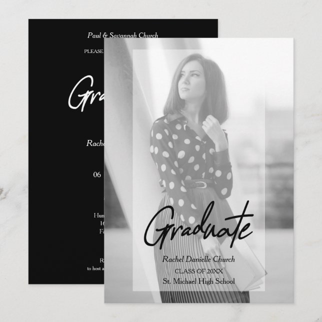 Elegant Minimalist Black & White Photo Graduation Einladung (Vorne/Hinten)