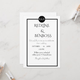 Elegant Minimalist Black & White Wedding  Einladung