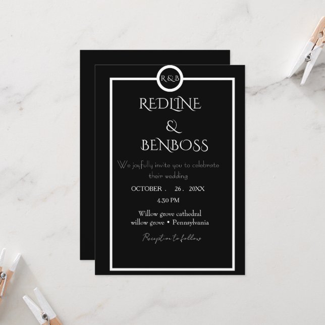 Elegant Minimalist  Black & White Wedding  Einladung (Vorderseite/Rückseite Beispiel)