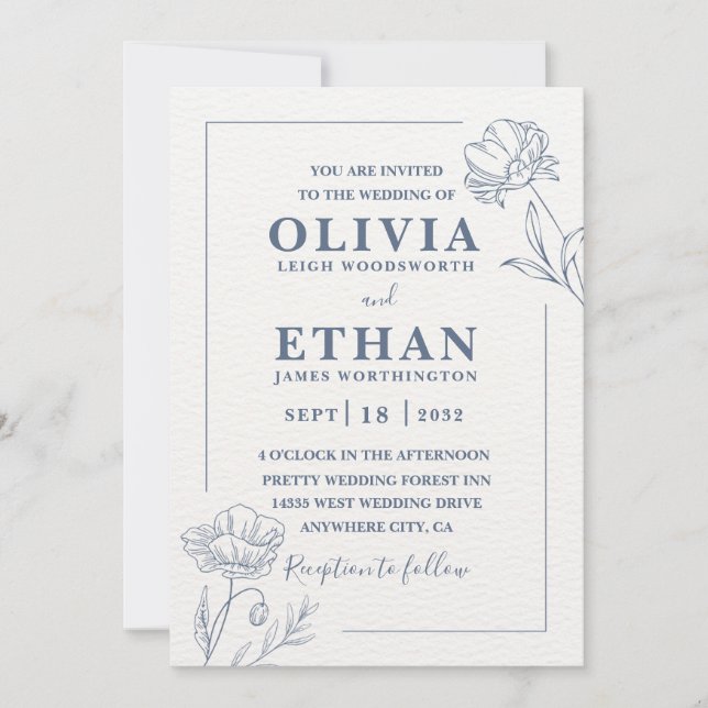 Elegant Minimalist Blue Floral Sketch Wedding  Einladung (Vorderseite)