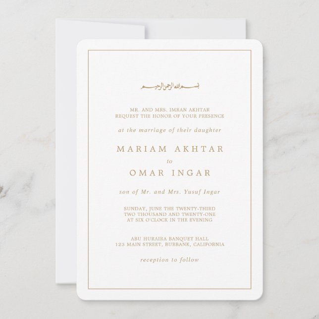 Elegant Minimalist Border Gold Islamic Wedding Einladung (Vorderseite)