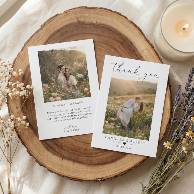 Elegant Minimalist Custom Wedding Couple Photo  Dankeskarte (modern script calligraphy custom couple photo front back wedding thank you card)
