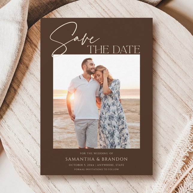 Elegant Minimalist Dark Brown Photo Save The Date (Von Creator hochgeladen)