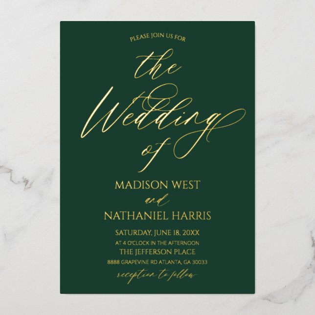 Elegant Minimalist Emerald Green Gold Wedding Folieneinladung (Vorderseite)