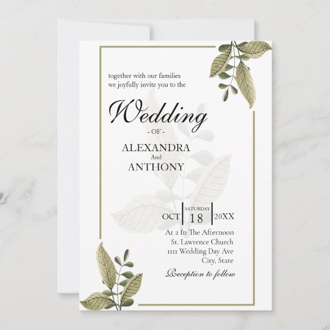 Elegant Minimalist Greenery Wedding Invitation Einladung (Vorderseite)