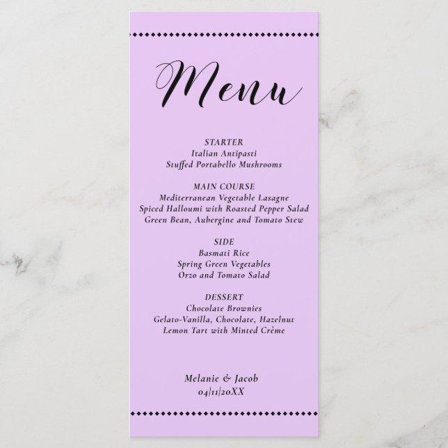 Elegant Minimalist Lavender Wedding Flat Menu Card (Devant)