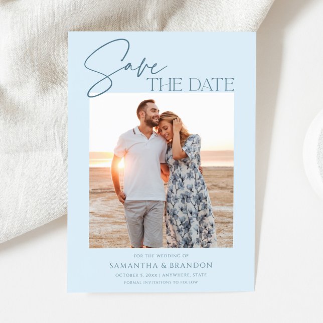 Elegant Minimalist Light Blue Photo Save The Date (Von Creator hochgeladen)