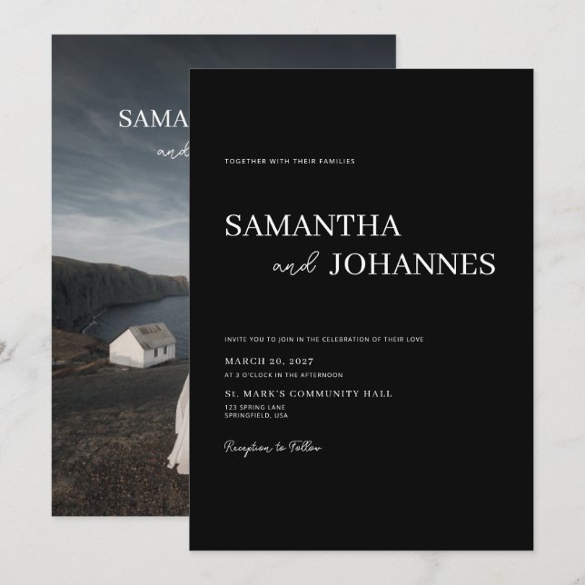 Elegant Minimalist Modern Black Photo Wedding Einladung (Vorne/Hinten)