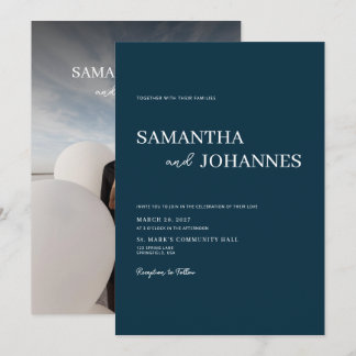 Elegant Minimalist Modern Blue Photo Wedding Einladung