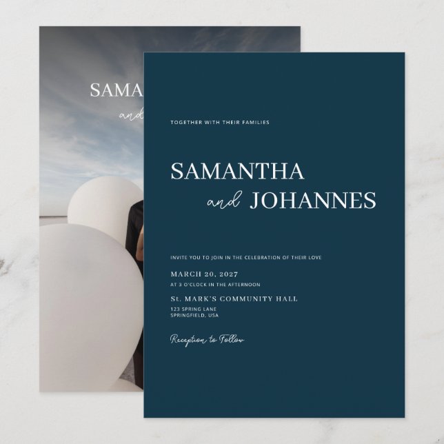 Elegant Minimalist Modern Blue Photo Wedding Einladung (Vorne/Hinten)