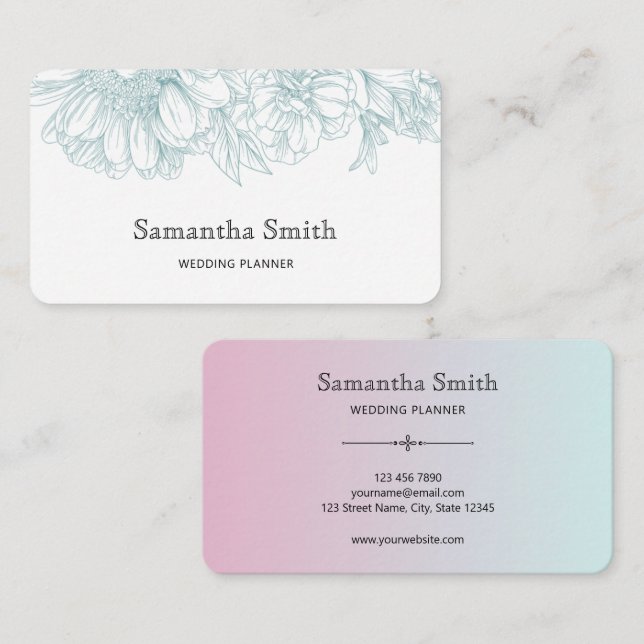 Elegant Minimalist Teal Green Floral Line Art Visitenkarte (Vorne/Hinten)