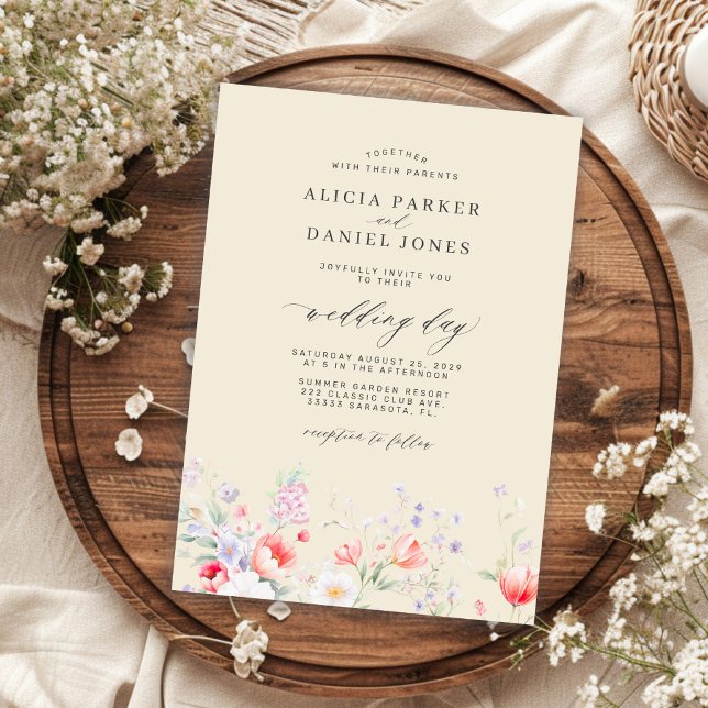 Elegant minimalist wildflower floral beige wedding einladung (Von Creator hochgeladen)