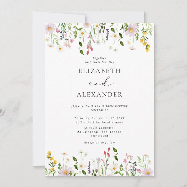 Elegant Minimalist Wildflower Wedding Einladung (Vorderseite)