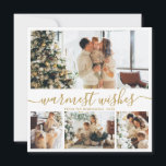 Elegant Minimalistisch 4 Foto Collage Weihnachten<br><div class="desc">Elegante Kalligraphie Minimalistisch 4 Foto Collage Warmest wünscht Script Weihnachtskarte in goldweiß. Dieses festliche, mimimalistische, skurrile vier (4) Foto-Urlaubskartenblatt zeigt eine hübsche Collage aus Foto und sagt "Warmest Wishs". Der Text ist in einem wunderschönen handgeschriebenen kursiven, Wirblen Swash-Schwanz Schriftart Typ geschrieben. Auf der Rückseite mit einem Grußtext mit einem kleinen...</div>