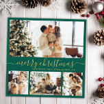Elegant Minimalistisch 4 Foto Collage Weihnachtsfe Feiertagskarte<br><div class="desc">Elegante Kalligrafie Minimalistisch Aquamarin Green und Gold 4 Foto Collage Frohe Weihnachts Script Holiday Card. Dieses festliche, mimimalistische, whimsical vier (4) Foto Urlaubskarte Vorlage verfügt über eine hübsche Foto Collage und sagt "Frohe Weihnachten"! Der "Frohe Weihnachten"-Grußtext ist in einer wunderschönen Hand geschrieben, mit Wirblen Schwanz-Schriftart-Schrift in Gold auf dunkelwaldgrün oder...</div>