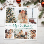 Elegant Minimalistisch 4 Foto Collage Weihnachtsfe Feiertagskarte<br><div class="desc">Elegante Kalligraphie Minimalistisch 4 Foto Collage Frohe Weihnachts-Script-Weihnachtskarte. Dieses festliche, mimimalistische, whimsical vier (4) Foto Urlaubskarte Vorlage verfügt über eine hübsche Foto Collage und sagt "Frohe Weihnachten"! Der "Frohe Weihnachten"-Grußtext ist in einer schönen Hand geschrieben, Wirble Swash-Schwanz-Schriftart-Typ in aquamarin grün auf weißem Hintergrund. Auf der Rückseite mit einem Grußtext mit...</div>