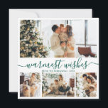 Elegant Minimalistisch 4 Foto Collage Weihnachtsfe Feiertagskarte<br><div class="desc">Elegante Kalligrafie Minimalistisch Grün und Weiß 4 FotoCollage "Warmest Wischs" Script Weihnachtskarte. Dieses festliche, mimimalistische, skurrile vier (4) Foto-Urlaubskartenblatt zeigt eine hübsche Collage aus Foto und sagt "Warmest Wishs". Der Text ist in einem wunderschönen handgeschriebenen kursiven, Wirblen Swash-Schwanz Schriftart Typ geschrieben. Auf der Rückseite mit einem Grußtext mit einem kleinen...</div>