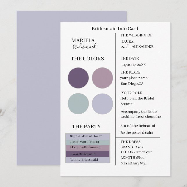 Elegant Minimalistisch Amethyst Bridesmaid Einladu Einladung (Vorne/Hinten)
