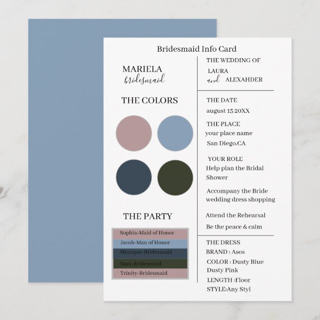 Elegant Minimalistisch Dusty Blue Dusty Pink Bride Einladung (Vorne/Hinten)