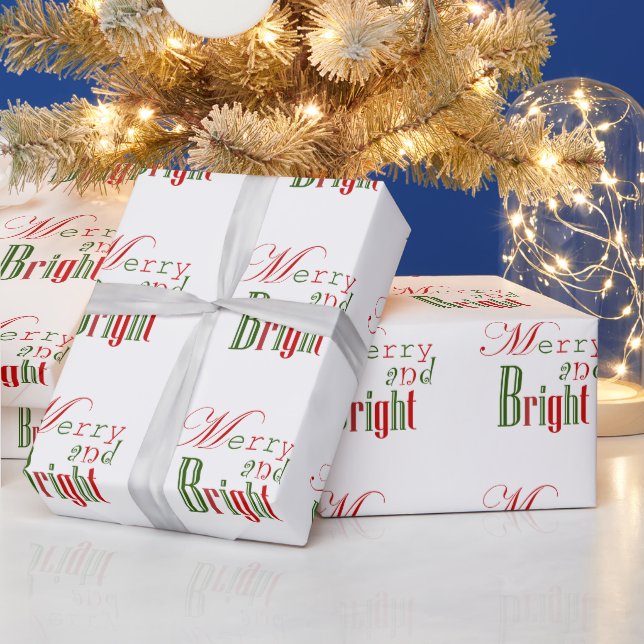 Elegant Minimalistisch "Merry and Bright" Red & Gr Geschenkpapier (Feiertage)