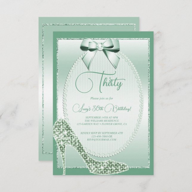 Elegant Mint Green Bow & Stiletto Birthday Einladung (Vorne/Hinten)