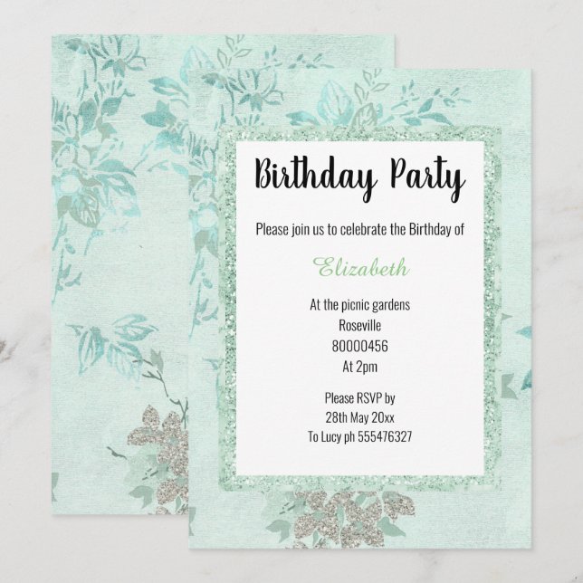 ELEGANT MINT GREEN FLORAL LAYERED GEBURTSTAG EINLADUNG (Vorne/Hinten)