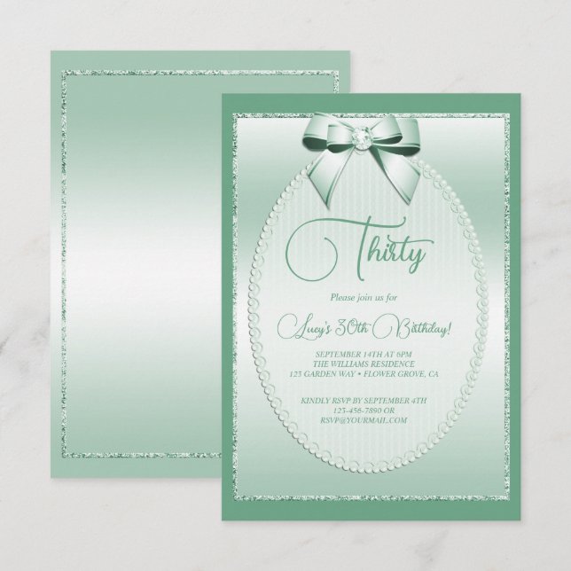 Elegant Mint Green Jeweled Bow Birthday Einladung (Vorne/Hinten)