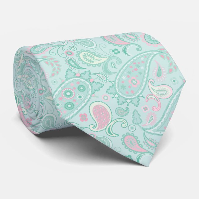 Elegant Mint Green & Pink Floral Paisley Krawatte (Gerollt)