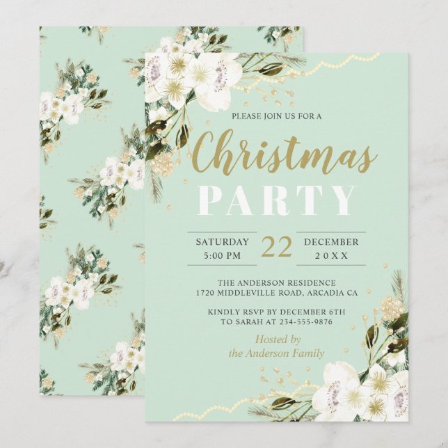 Elegant Mint Green Watercolor Blumen Weihnachten Einladung (Vorne/Hinten)