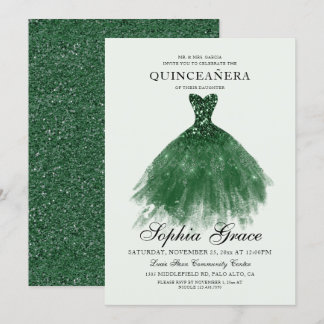 Elegant Mis Quince Green Glitzer Quinceañera Einladung