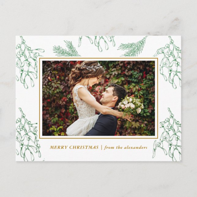 Elegant Mistletoe Green and Gold Foto Weihnachten (Vorderseite)