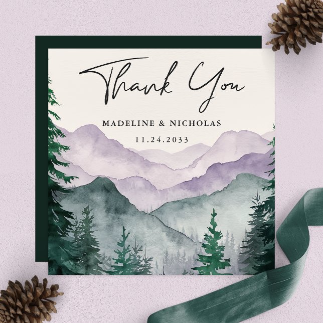 Elegant Misty Mountain Forest Script Wedding Dankeskarte (Von Creator hochgeladen)