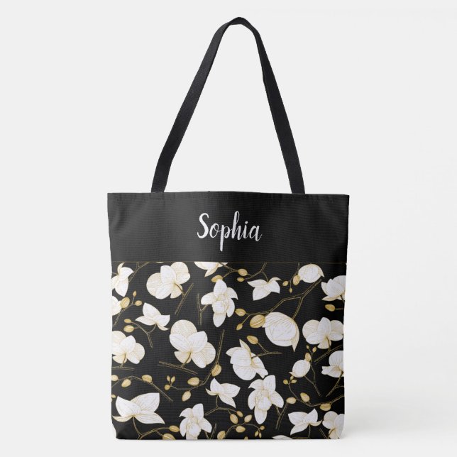 Elegant mit Gold und weißen Orchideen schick schwa Tasche (Vorderseite)