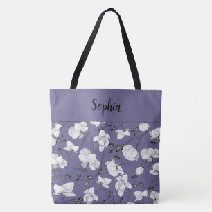 Elegant mit lila Orchideen in Schwarz und Weiß Tasche