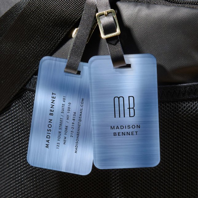Elegant Mit Monogramm, blau gebürstet Metallic Gepäckanhänger (Elegant Monogrammed Blue Brushed Metallic Luggage Tag)