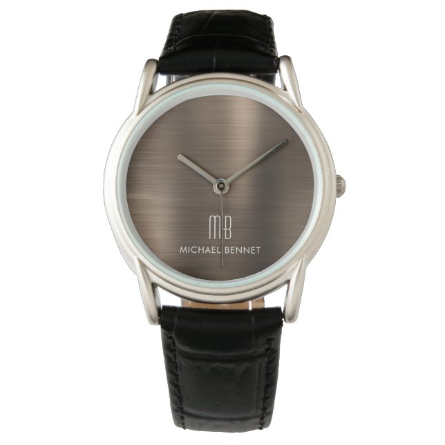 Elegant Mit Monogramm Bronze Brown gestopft Metall Armbanduhr (Vorderseite)