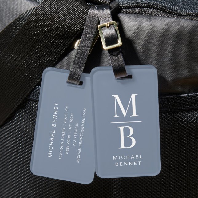 Elegant Mit Monogramm Dusty Blue Gepäckanhänger (Elegant Monogrammed Dusty Blue Luggage Tag)