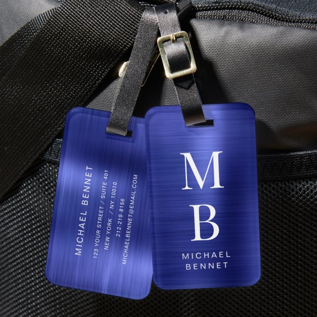 Elegant Mit Monogramm Navy Blue Brushed Metallic Gepäckanhänger (Elegant Monogrammed Navy Blue Brushed Metallic Luggage Tag)