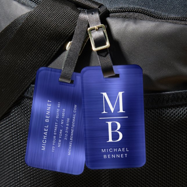 Elegant Mit Monogramm Navy Blue Brushed Metallic Gepäckanhänger (Elegant Monogrammed Navy Blue Brushed Metallic Luggage Tag
)