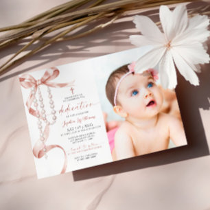 Elegant Mocha Bow & Rosary Foto Dedication Einladung