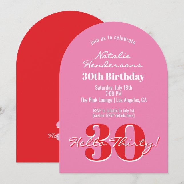 Elegant Modern 30th Birthday Pink Red Typography Einladung (Vorne/Hinten)