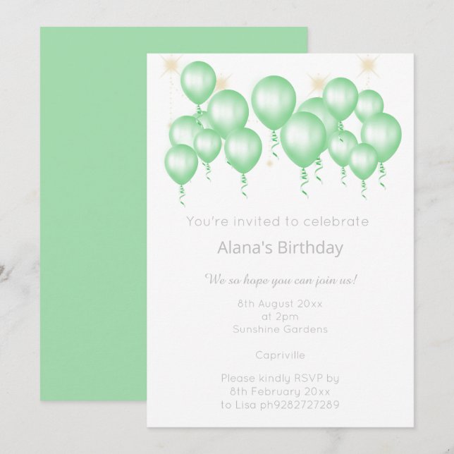 ELEGANT MODERN BALLOON SAGE GRÜNWEISS GEBURTSTAG EINLADUNG (Vorne/Hinten)