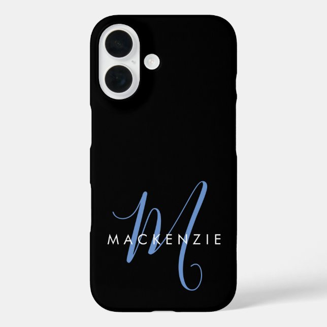 Elegant Modern Black Blue Script Monogram iPhone 16 Hülle (Rückseite)