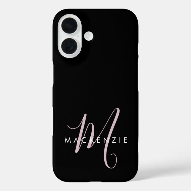 Elegant Modern Black Blush Pink Script Monogram iPhone 16 Hülle (Rückseite)